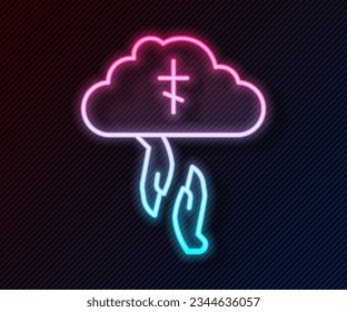 Glowing neon line God's helping hand icon isolated on black background. Religion, bible, christianity concept. Divine help.  Vector