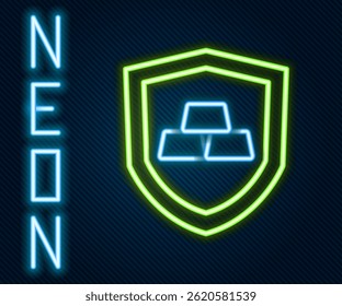 Glowing neon line Gold bars with shield icon isolated on black background. Banking business concept. Colorful outline concept. Vector