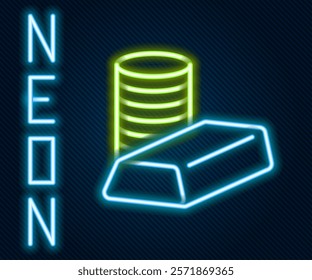 Glowing neon line Gold coin with gold bars icon isolated on black background. Banking currency sign. Cash symbol. Colorful outline concept. Vector