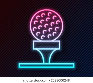 Bola de golf de línea de neón brillante en el icono del tee aislado en fondo negro.  Vector