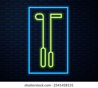 Glowing neon line Golf club icon isolated on brick wall background.  Vector Illustration