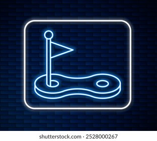 Glowing neon line Golf hole with flag icon isolated on brick wall background.  Vector