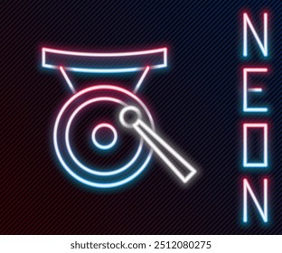 Glowing neon line Gong musical percussion instrument circular metal disc and hammer icon isolated on black background. Colorful outline concept. Vector