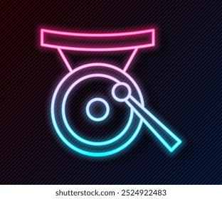 Glowing neon line Gong musical percussion instrument circular metal disc and hammer icon isolated on black background.  Vector