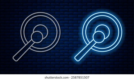 Glowing neon line Gong musical percussion instrument circular metal disc and hammer icon isolated on brick wall background.  Vector