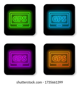Dispositivo Gps de línea de neón brillante con icono de mapa aislado en fondo blanco. Botón cuadrado negro. Ilustración vectorial