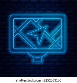 Glowing neon line Gps device with map icon isolated on brick wall background.  Vector