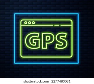 Dispositivo Gps de línea de neón brillante con icono de mapa aislado en el fondo de pared de ladrillo.  Ilustración vectorial
