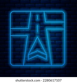 Glowing neon line Gps device with map icon isolated on brick wall background.  Vector