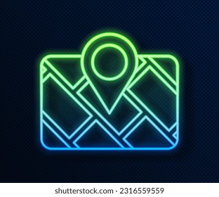 Glühendes neonales GPS-Gerät mit Kartensymbol einzeln auf blauem Hintergrund.  Vektorgrafik