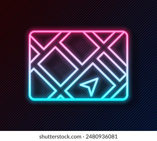 Glowing neon line Gps device with map icon isolated on black background.  Vector