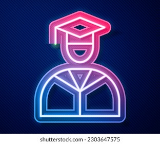 Glowing neon line Graduate and graduation cap icon isolated on blue background.  Vector