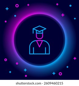 Glowing neon line Graduate and graduation cap icon isolated on black background. Colorful outline concept. Vector