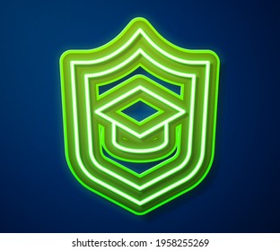 Glowing neon line Graduation cap with shield icon isolated on blue background. Insurance concept. Security, safety, protection, protect concept.  Vector