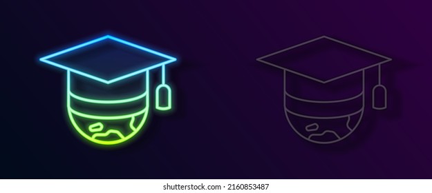 Línea de neón brillante Tapa de graduación en el icono del globo aislado en el fondo negro. Símbolo mundial de la educación. Aprendizaje en línea o concepto de e-learning.  Vector
