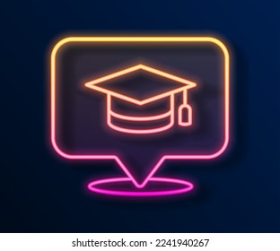 Glowing neon line Graduation cap in speech bubble icon isolated on black background. Graduation hat with tassel icon.  Vector