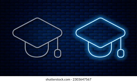 Glowing neon line Graduation cap icon isolated on brick wall background. Graduation hat with tassel icon.  Vector