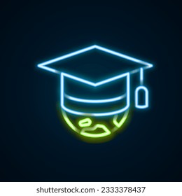 Glowing neon line Graduation cap on globe icon isolated on black background. World education symbol. Online learning or e-learning concept. Colorful outline concept. Vector