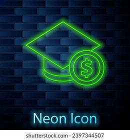 Glowing neon line Graduation cap and coin icon isolated on brick wall background. Education and money. Concept of scholarship cost or loan, tuition or study fee.  Vector
