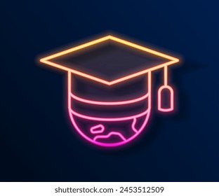 Tapa de graduación brillante de la línea de neón en el icono del globo aislado sobre fondo negro. Símbolo de la educación mundial. Aprendizaje en línea o concepto de e-learning.  Vector