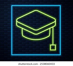 Glowing neon line Graduation cap icon isolated on brick wall background. Graduation hat with tassel icon.  Vector