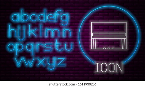 Glowing neon line Grand piano icon isolated on brick wall background. Musical instrument. Neon light alphabet. Vector Illustration