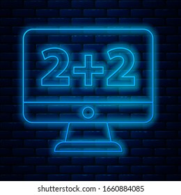 Glowing neon line Graph, schedule, chart, diagram, infographic, pie graph icon isolated on brick wall background.  Vector Illustration