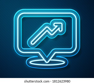 Línea de neón brillante Gráfica, programa, gráfico, diagrama, infografía, icono de gráfico circular aislado en fondo azul.  Vector