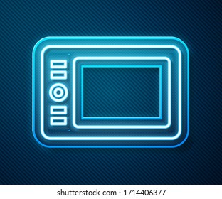 Glowing neon line Graphic tablet icon isolated on blue background.  Vector Illustration