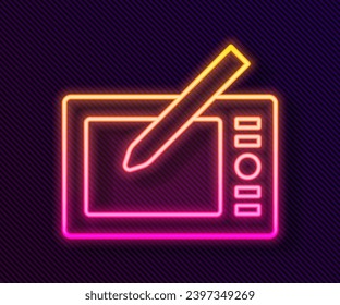 Glowing neon line Graphic tablet icon isolated on black background.  Vector