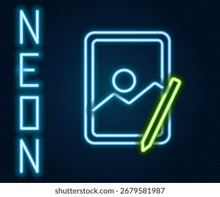 Glowing neon line Graphic tablet icon isolated on black background. Colorful outline concept. Vector Illustration