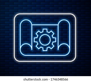 Línea de neón brillante Papel de gráfico para la ingeniería y el icono de engranaje aislado en el fondo de la pared de ladrillo.  Ilustración vectorial