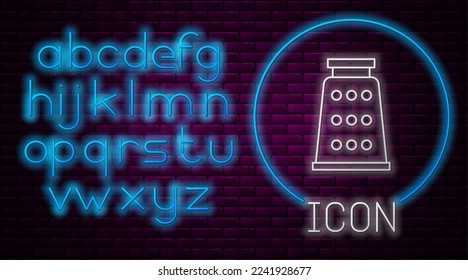 Glowing neon line Grater icon isolated on brick wall background. Kitchen symbol. Cooking utensil. Cutlery sign. Neon light alphabet. Vector Illustration