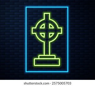 Glowing neon line Grave with cross icon isolated on brick wall background.  Vector