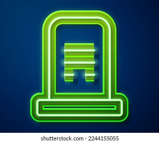 Glowing neon line Grave with tombstone icon isolated on blue background.  Vector