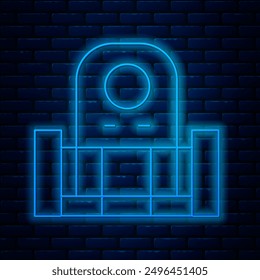 Glowing neon line Grave with tombstone icon isolated on brick wall background.  Vector