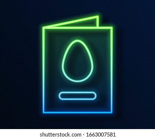 Glowing neon line Greeting card with Happy Easter egg icon isolated on blue background. Celebration poster template for invitation or greeting card.  Vector Illustration