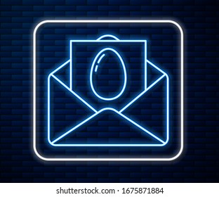Glowing neon line Greeting card with Happy Easter icon isolated on brick wall background. Celebration poster template for invitation or greeting card.  Vector Illustration
