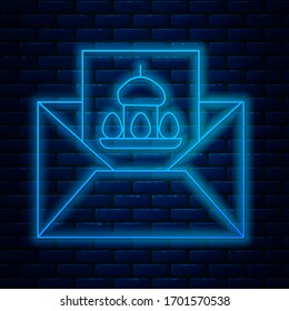 Glowing neon line Greeting card with Happy Easter icon isolated on brick wall background. Celebration poster template for invitation or greeting card.  Vector Illustration