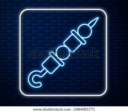 Glowing neon line Grilled shish kebab on skewer stick icon isolated on brick wall background. Meat kebab on skewer stick. Picnic with grilled meat.  Vector Illustration