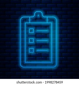 Glowing neon line Grooming salon price list icon isolated on brick wall background.  Vector