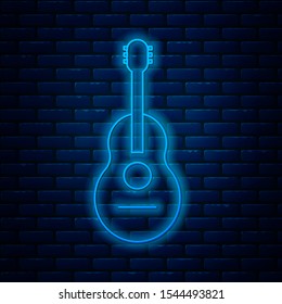 Glowing Neon Line Guitar Icon Isolated On Brick Wall Background. Acoustic Guitar. String Musical Instrument.  Vector Illustration