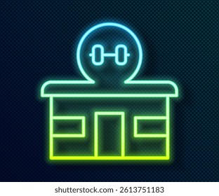 Glowing neon line Gym building icon isolated on black background. Sport club.  Vector
