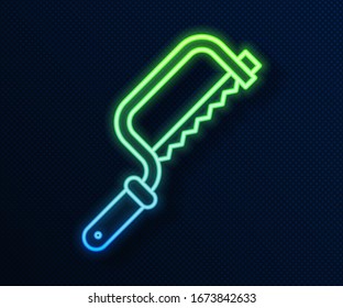 Glowing neon line Hacksaw icon isolated on blue background. Metal saw for wood and metal.  Vector Illustration