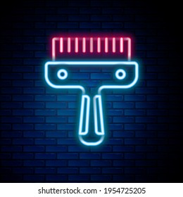 Glowing neon line Hair brush for dog and cat icon isolated on brick wall background. Brush for animal fur. Pet accessory. Colorful outline concept. Vector