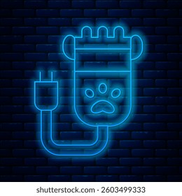 Glowing neon line Hair clipper accessories for pet grooming icon isolated on brick wall background.  Vector