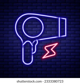 Glowing neon line Hair dryer icon isolated on brick wall background. Hairdryer sign. Hair drying symbol. Blowing hot air. Colorful outline concept. Vector