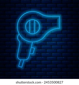 Glowing neon line Hair dryer icon isolated on brick wall background. Hairdryer sign. Hair drying symbol. Blowing hot air.  Vector