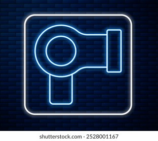 Glowing neon line Hair dryer icon isolated on brick wall background. Hairdryer sign. Hair drying symbol. Blowing hot air.  Vector