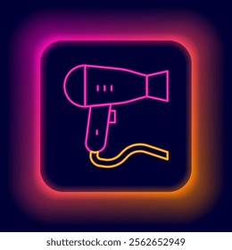 Glowing neon line Hair dryer icon isolated on black background. Hairdryer sign. Hair drying symbol. Blowing hot air. Colorful outline concept. Vector